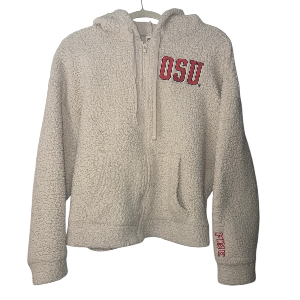 Victoria Secret Cream Sherpa Zip-Up Jacket. OSU Collegiate Collection.  Size M